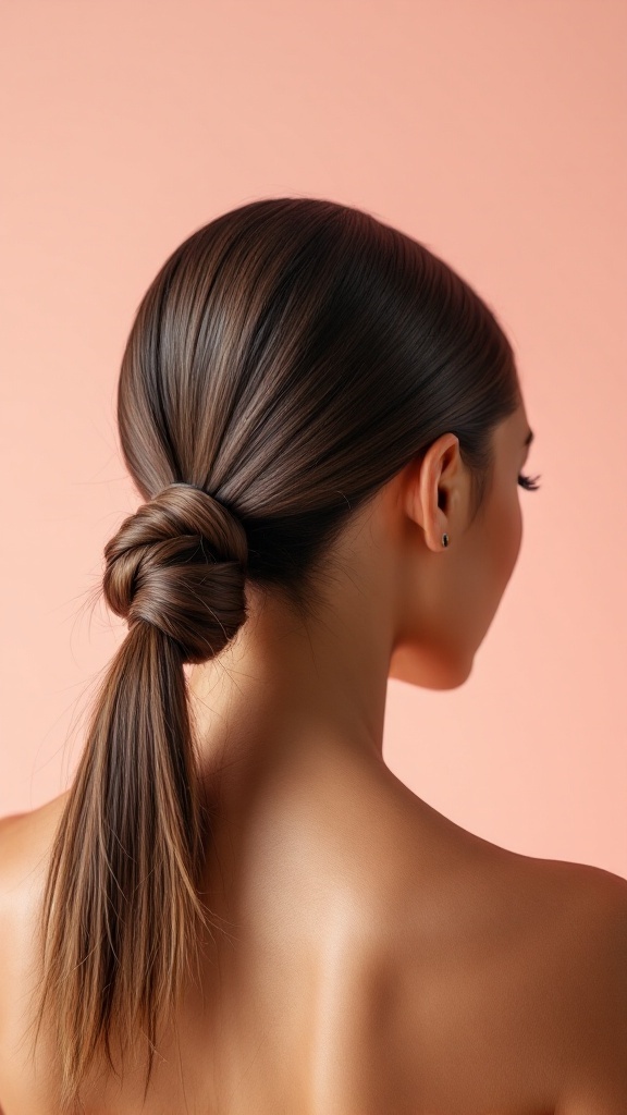 A sleek low ponytail with a hair wrap on a model, featuring smooth strands and a polished finish.
