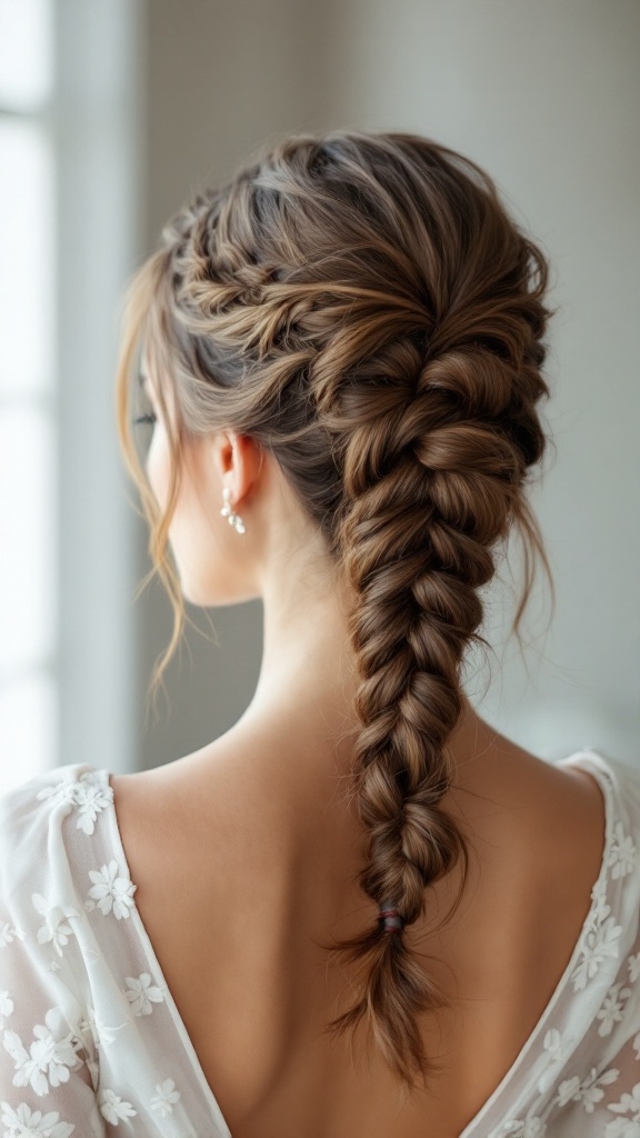 A woman showcasing a sleek ponytail braid hairstyle, viewed from the back.