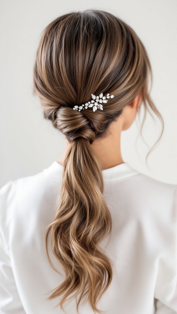 A sleek ponytail hairstyle adorned with a decorative hair accessory.