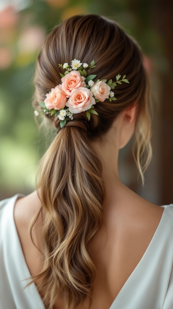 A sleek ponytail hairstyle accented with roses and greenery, perfect for a bridesmaid at a wedding.