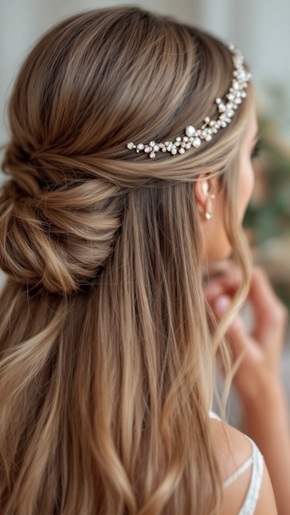 A bridesmaid with sleek straight hair adorned with a sparkly headband.