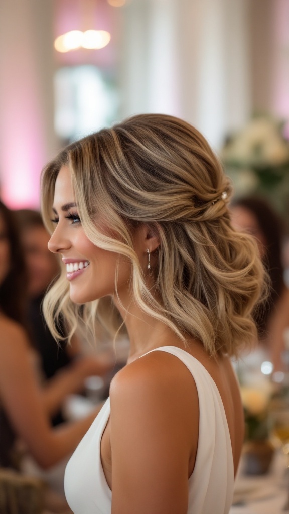 A smiling woman with a sleek wavy lob hairstyle, wearing a sleeveless white dress, surrounded by guests in a wedding setting.