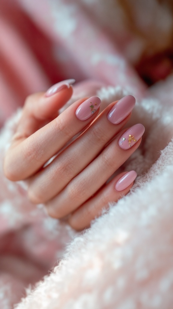 A hand with pastel pink nails featuring small gold and silver star designs, resting on a soft, fuzzy blanket.