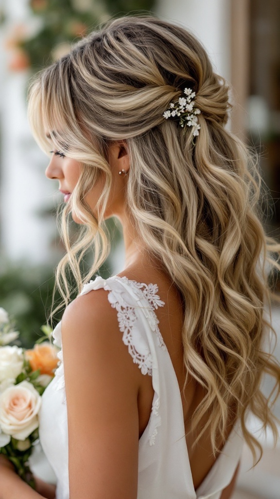 A woman with soft beachy waves styled for a wedding, featuring flowers in her hair.