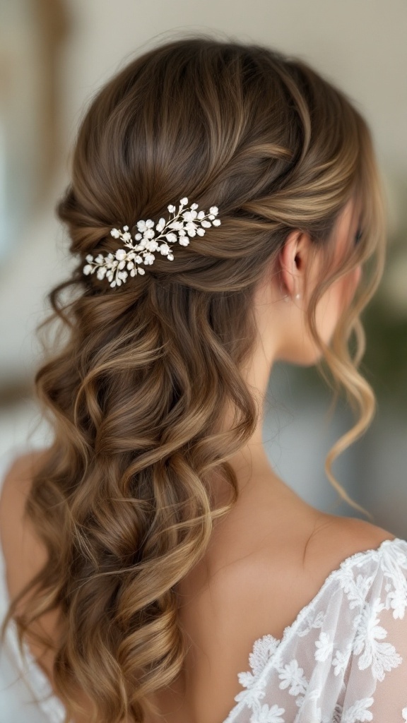 Bridesmaid hairstyle featuring soft curls and a decorative hairpin
