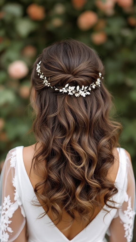 Bridesmaid hairstyle featuring soft curls and a floral headband