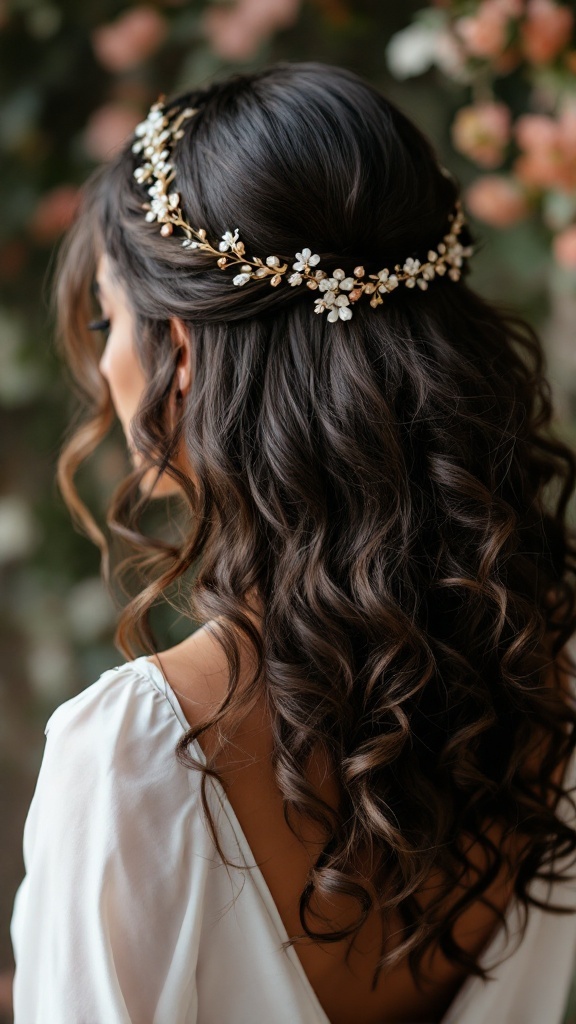 Bridesmaid hairstyle featuring soft curly layers and a floral headband