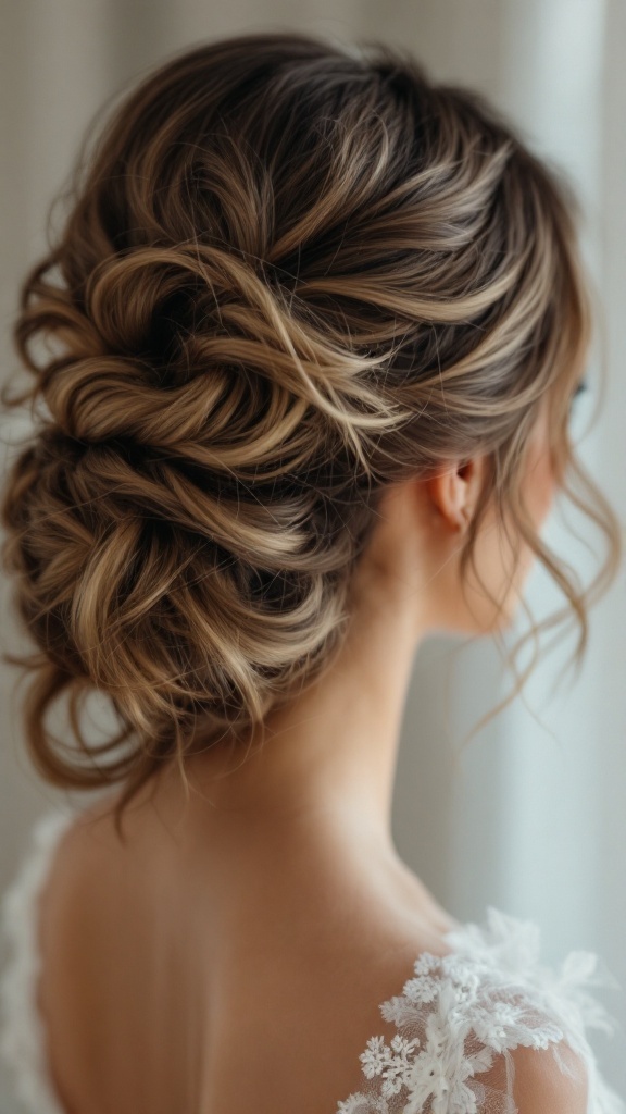 A soft glam updo hairstyle with loose curls and a touch of tulle, suitable for bridesmaids.