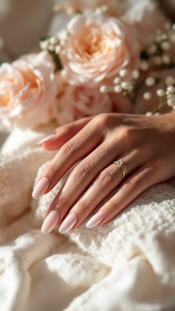A hand with soft pink and glittery nails resting on a blanket surrounded by roses.