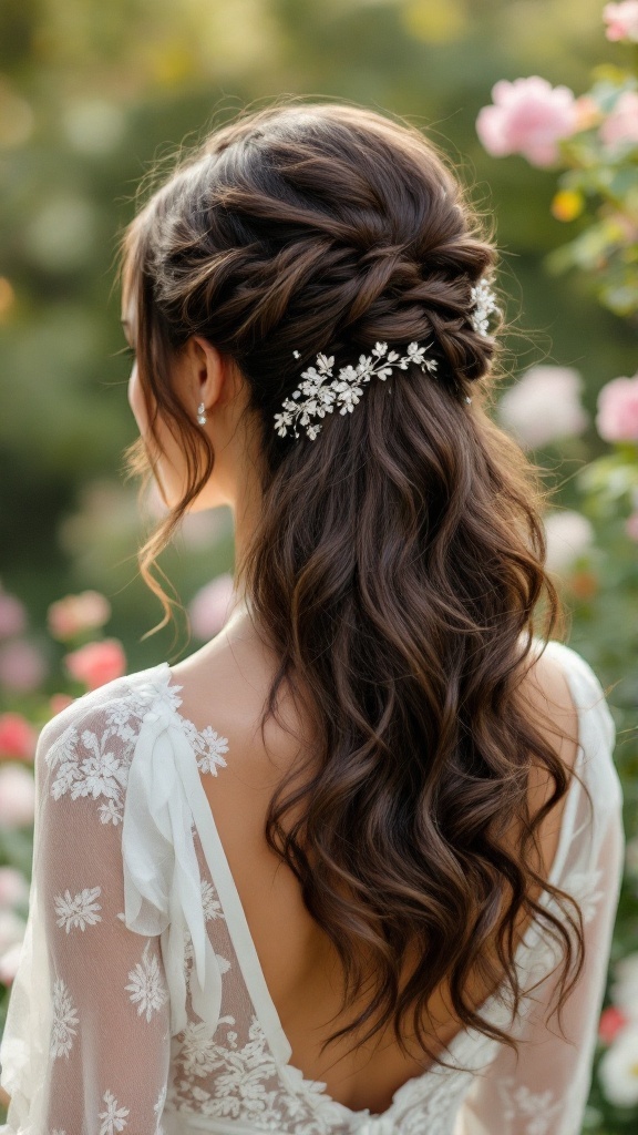 Elegant soft half-up waves hairstyle for bridesmaids with floral hair accessories.