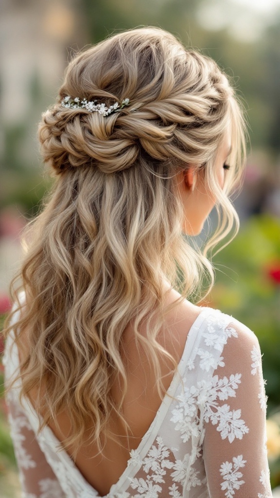 Bridesmaid hairstyle featuring soft half up half down style with natural waves and a floral hair accessory.