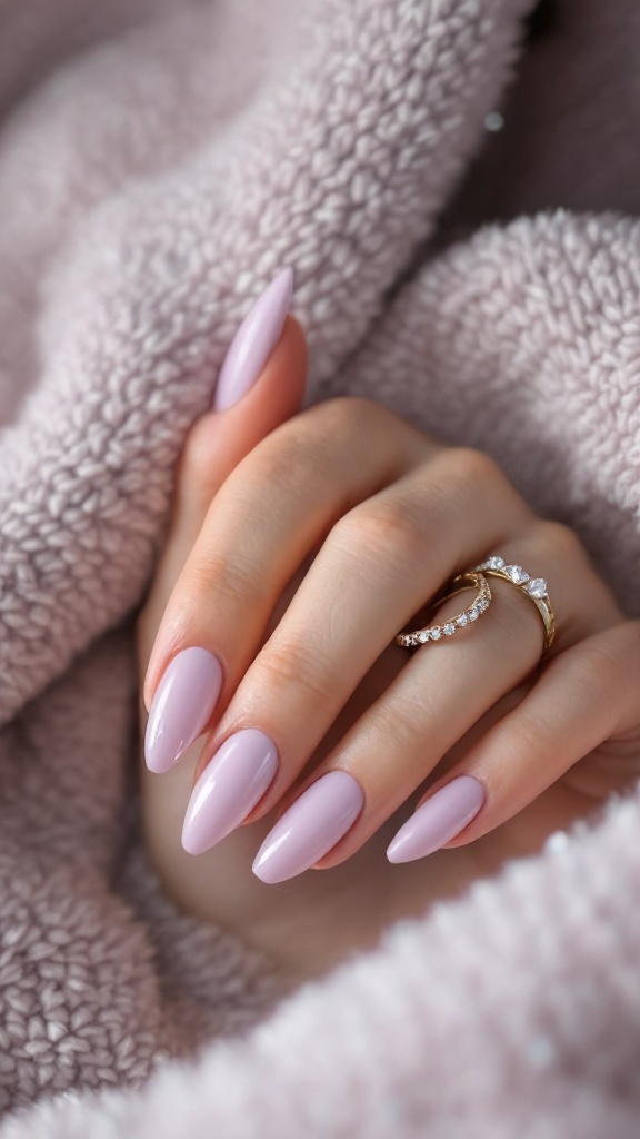 Close-up of hands with soft lavender nails adorned with rhinestones, resting on a light pink fuzzy blanket