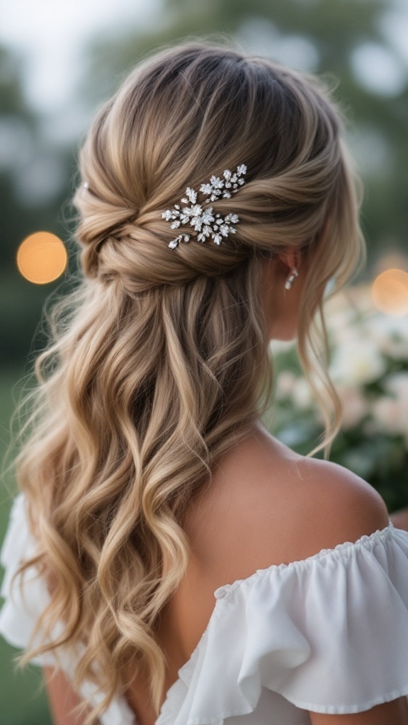 Bridesmaid hairstyle featuring soft loose waves adorned with sparkling clips