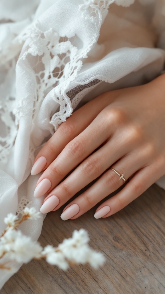 Ivory wedding nails with a soft matte finish, decorated with lace and a delicate gold ring.