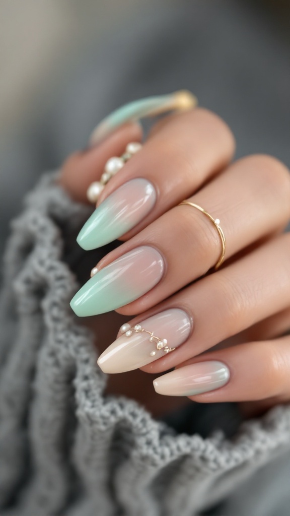 Short nails featuring a soft mint ombre design with pearl accents.