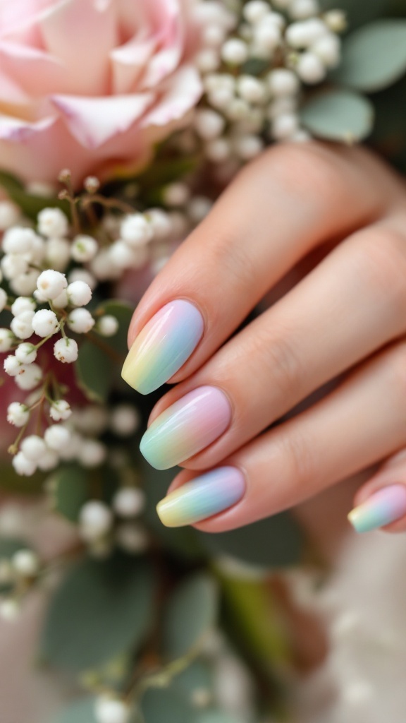 A hand with soft pastel rainbow nails, surrounded by flowers including a pink rose and baby's breath.