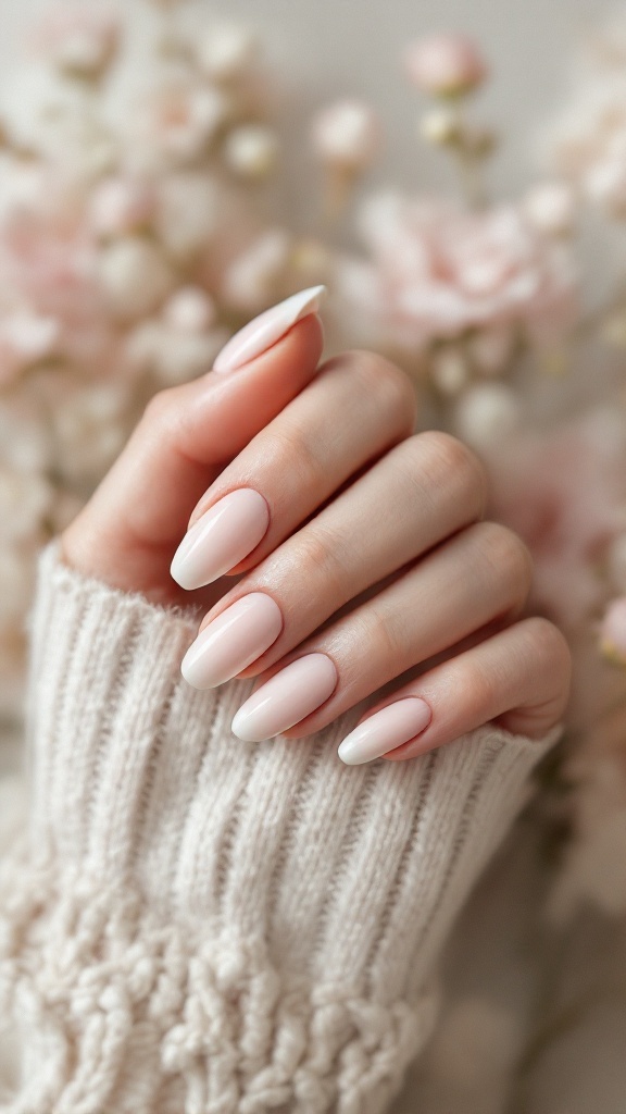 A close-up of a hand with elegantly manicured nails in soft pastel shades, set against a backdrop of soft flowers.