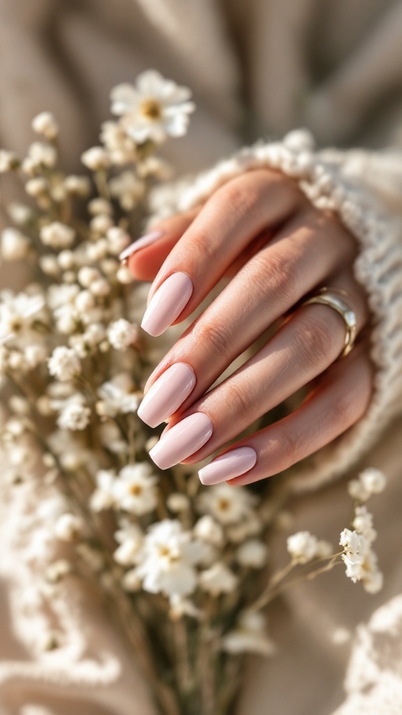 A close-up of a hand with soft pastel pink nails, holding small white flowers, showcasing an elegant and natural style.