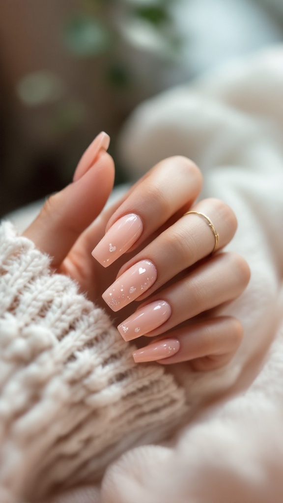 A close-up of a hand with soft peach square nails adorned with heart-shaped glitter, resting on a cozy knitted sweater.