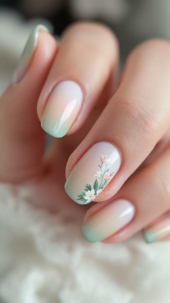 Short wedding nails featuring a soft peach to mint gradient with floral accents
