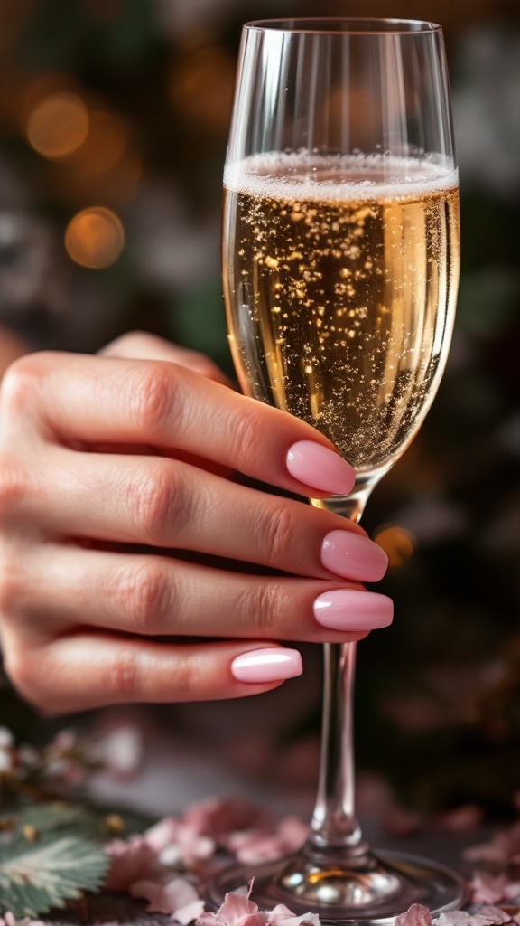 A hand with soft pink nails and pearlescent shine, holding a glass of champagne, adorned with rings.
