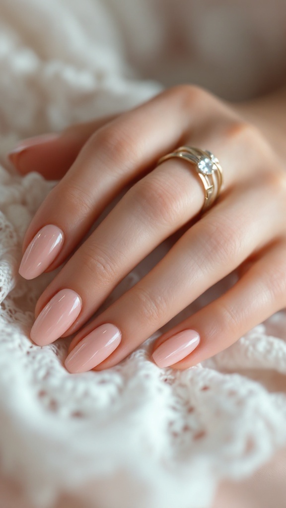 A hand displaying soft pink nude nails with a shiny finish, wearing a gold ring, resting on a lace fabric.