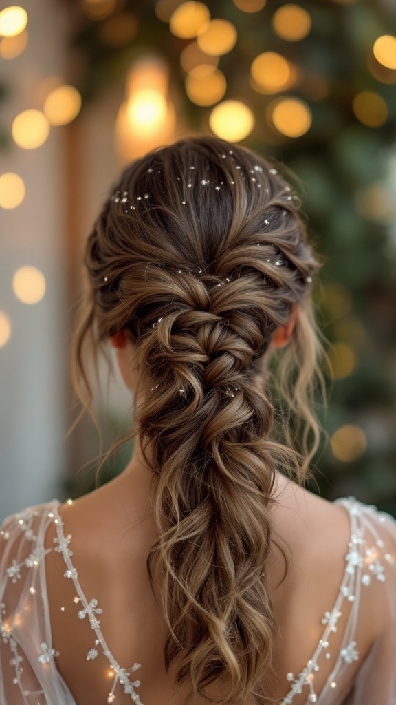 A soft romantic ponytail hairstyle with glitter, featuring a braided detail and gentle waves.