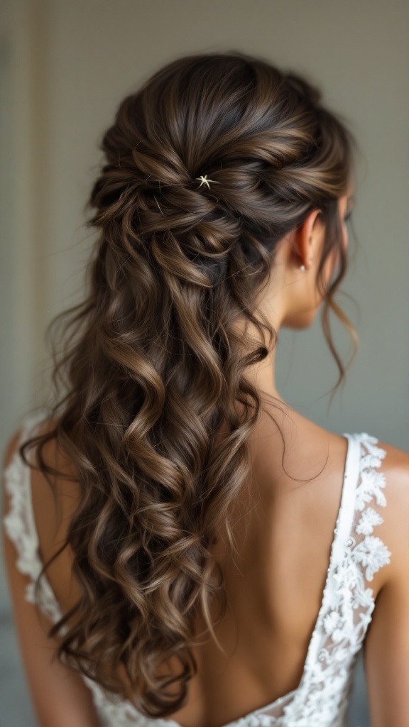 Half up half down bridesmaid hairstyle with soft curls and a twist