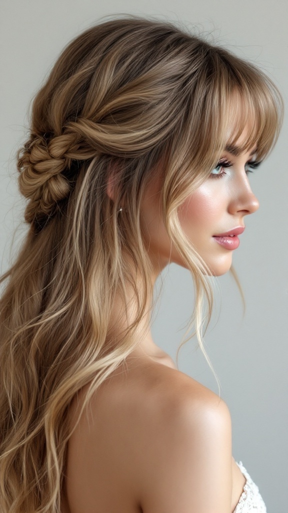 A bride's maid with soft straight hair styled with wispy bangs, showcasing an elegant hairstyle.