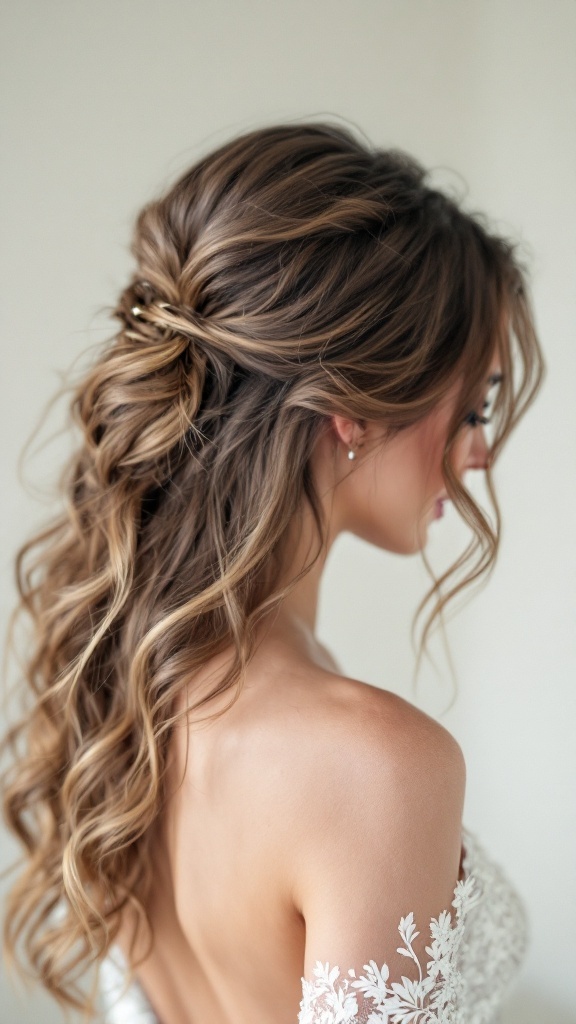 A woman with soft textured layers hairstyle, featuring gentle waves and a pinned back section, looking elegant and relaxed.