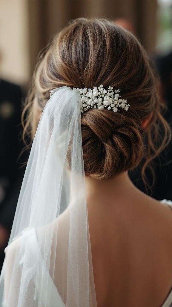 Soft updo hairstyle with a delicate veil and floral hairpiece for a junior bridesmaid.