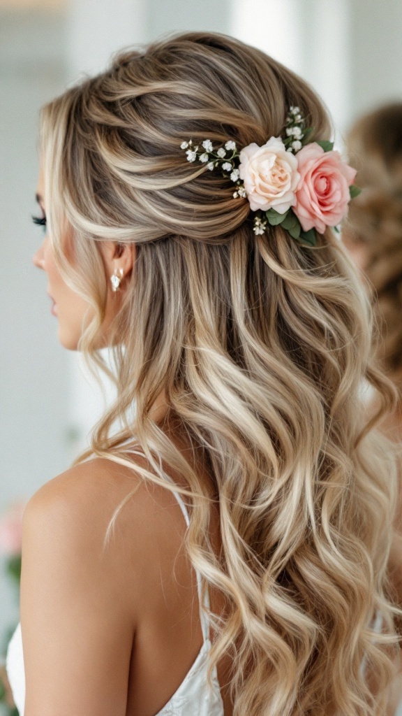 A woman with soft waves in her hair, adorned with pink roses and white flowers.