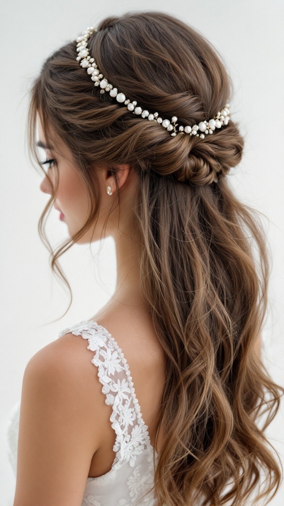 Junior bridesmaid with soft waves and a beaded headband.
