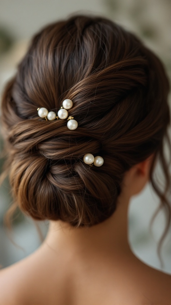 A sophisticated French twist hairstyle adorned with pearl pins, showcasing a chic look for short hair.