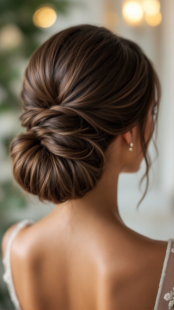 A sophisticated half-up chignon hairstyle for bridesmaids, showcasing a twisted design and elegant finish.