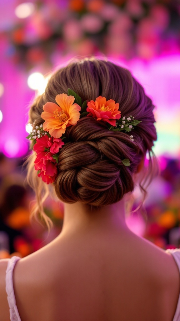 Sophisticated bridesmaid updo featuring a knot and bright flowers