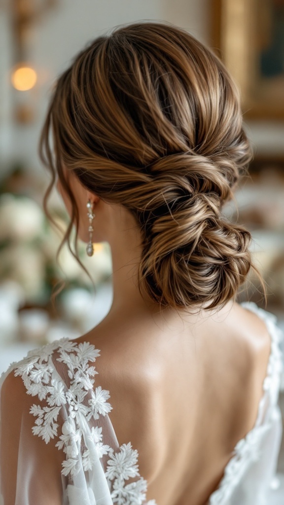 A sophisticated low ponytail with volume, styled elegantly for a bridesmaid.
