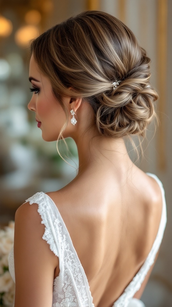 A bridesmaid with sleek loose waves hairstyle, showcasing elegance with delicate earrings.