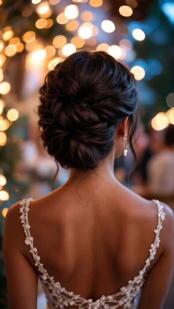 A close-up of a woman's sophisticated twisted half-up hairstyle, adorned with twinkling lights in the background.