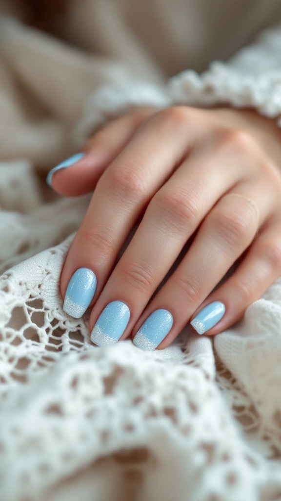 A hand with light blue nails featuring sparkling glitter tips, resting on a delicate white lace fabric.