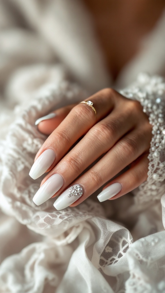 Elegant bridal nails with soft white polish and sparkling rhinestone accents.