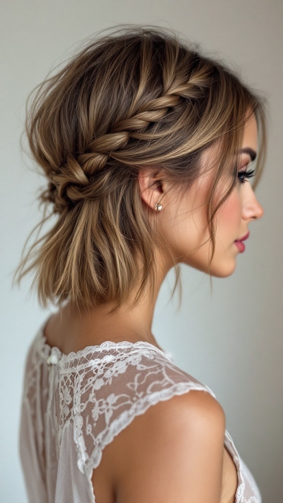 A stylish braided half-up hairstyle for short hair, perfect for bridesmaids.