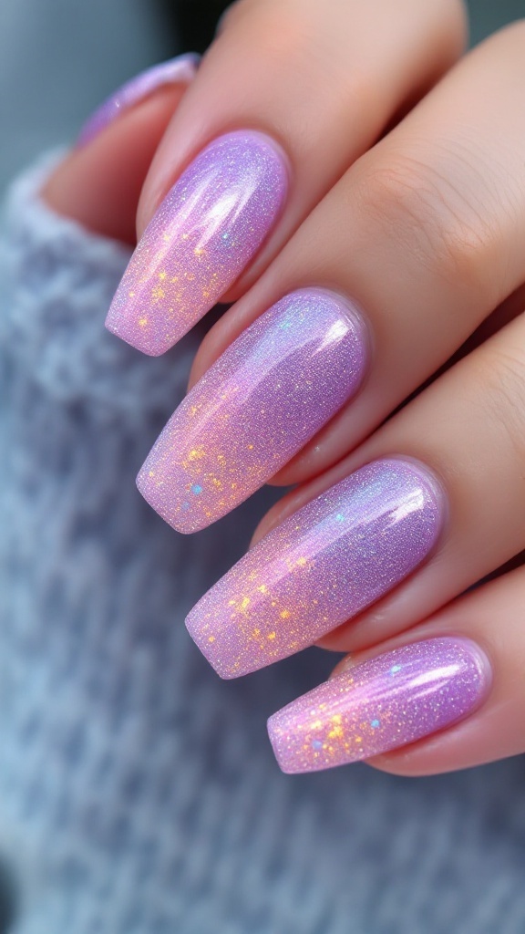 A hand showing subtle glitter fade nails on a soft pink base, with cozy knitwear in the background.
