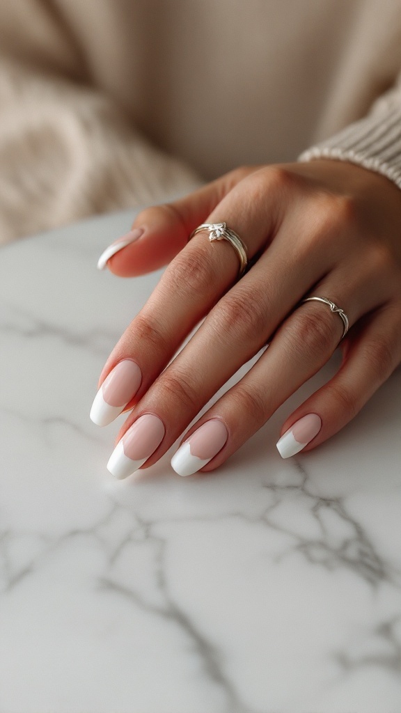 Close-up of a hand with minimalist wedding nails featuring a subtle matte base and shiny white tips, adorned with rings on the fingers.
