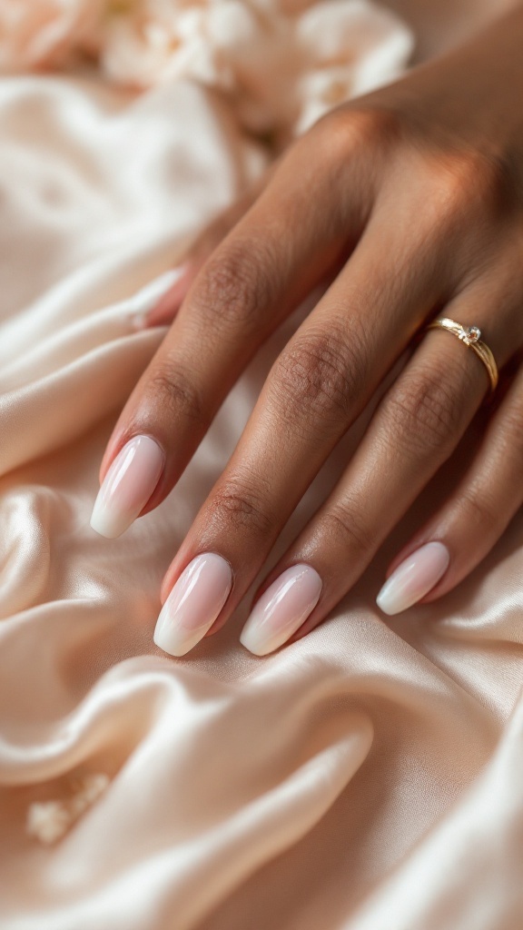 A close-up of a hand with soft pink and white gradient nails, showcasing subtle metallic highlights against a silky background.