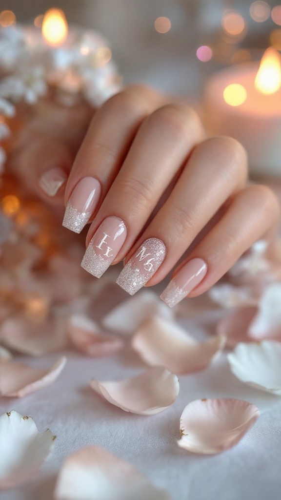 A close-up of wedding nails featuring nude polish with subtle sparkle at the tips and initials, surrounded by candles and floral decorations.