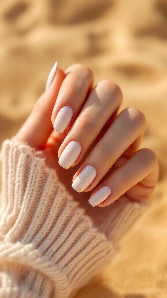 A close-up of a hand with neutral nails featuring gold accents, resting on a sandy beach.