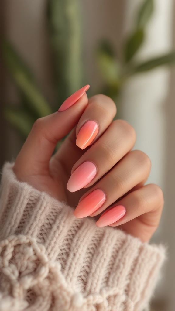 A hand with sunset gradient nails in shades of orange and pink, wearing a cozy sweater