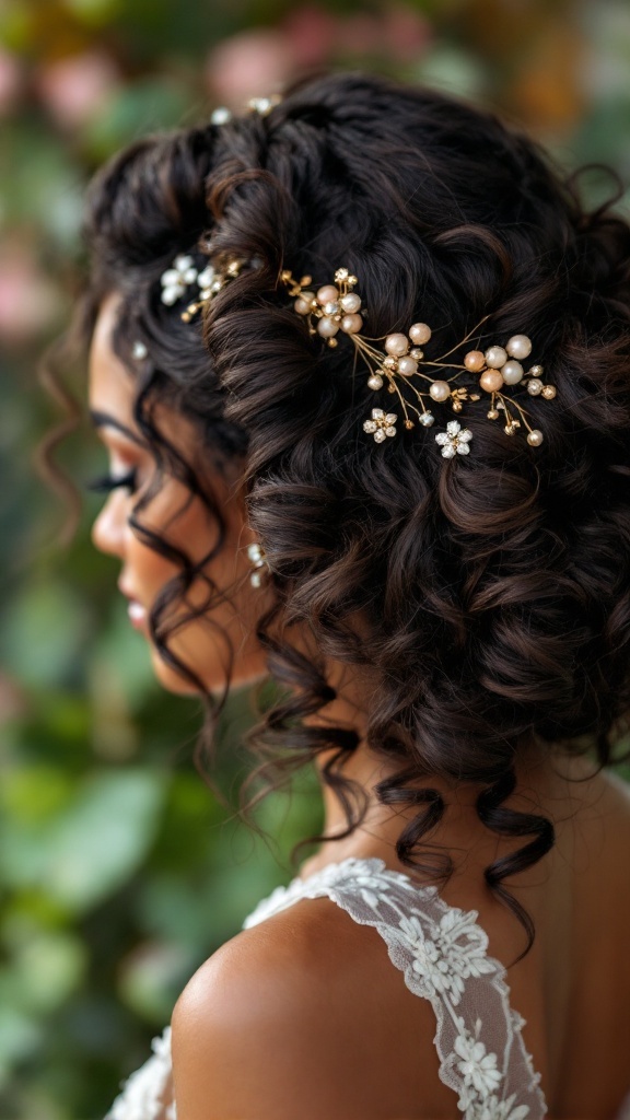 A woman with textured curls styled elegantly with decorative pins, showcasing a beautiful bridal look.