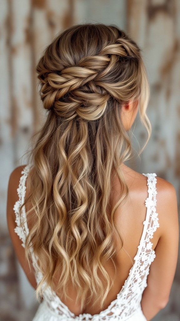 A half up half down hairstyle featuring textured twists and soft curls, ideal for bridesmaids.